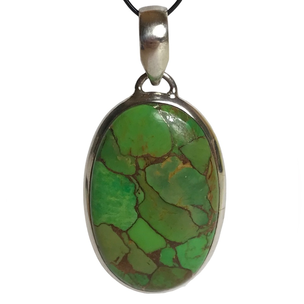 Green Copper Necklace Pendant Sterling Silver Large Oval Handmade Jewelry